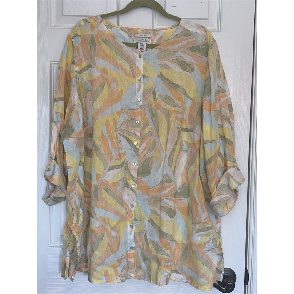 Rachel Zoe 3X Linen Top Button Up Tropical Print Roll Tab Sleeves Beach Summer‎